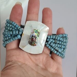 Vintage Boho Western Turquoise Pearl Abalone Strand Chunky Beaded Bracelet
